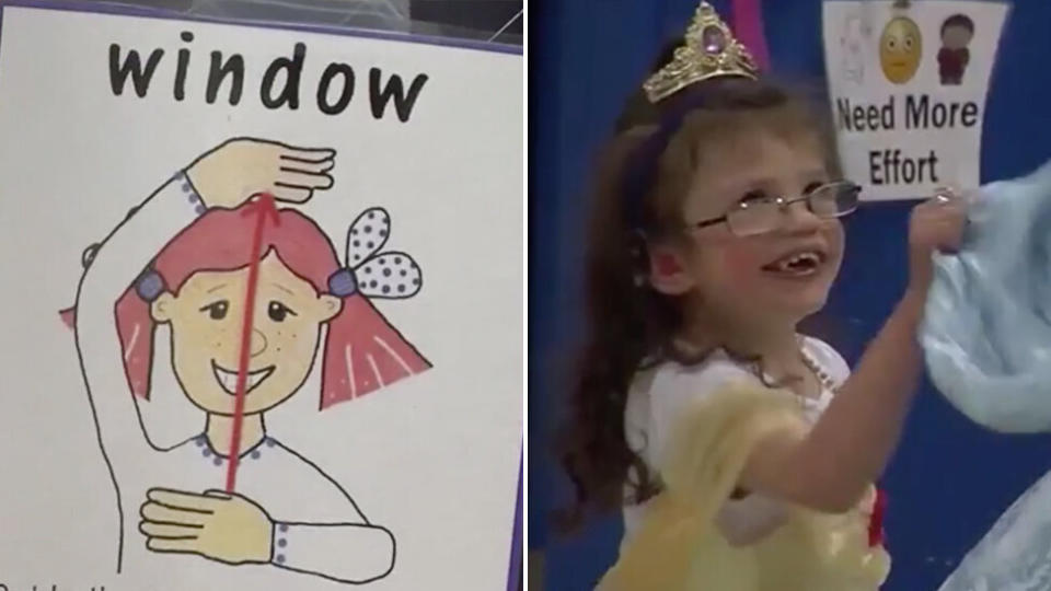 One of the sign language posters in the school (left) and Morey Belanger (right) is happy at Dayton Consolidated School.