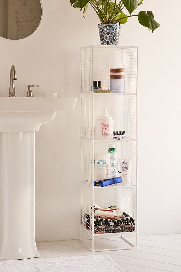 This is an <a href="https://www.urbanoutfitters.com/shop/slim-perforated-metal-storage?category=dinnerware&amp;color=010" target="_blank">easy and inexpensive organizational unit</a> for either a bathroom or bedroom.