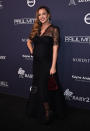 <p>The US actress showed off her baby bump in a black lace dress. <em>[Photo: Getty]</em> </p>