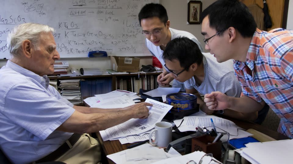 John B. Goodenough speaks with students in this photo provided by the University of Texas at Austin. - UT Austin