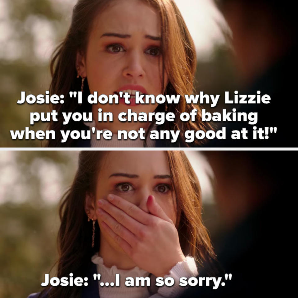 Josie says she doesn't know why Lizzie put MG in charge of baking when he's not any good at it, immediately clamps hand over mouth: "I am so sorry"