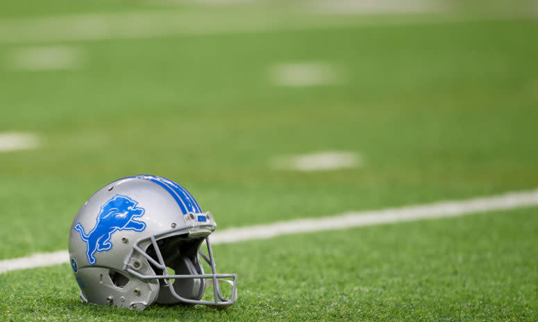 Long shot of a Detroit Lions helmet at U.S. Bank Stadium.