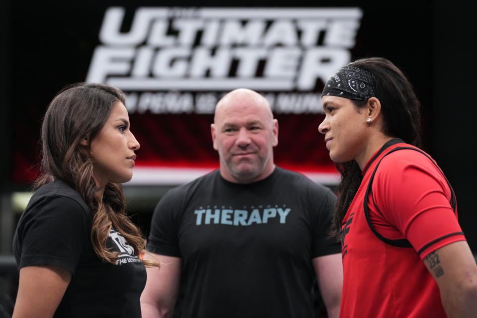 LAS VEGAS, NEVADA - MARCH 10:  (L-R) Julianna Pena and Amanda Nunes face off during the filming of The Ultimate Fighter at UFC APEX on March 10, 2022 in Las Vegas, Nevada. (Photo by Chris Unger/Zuffa LLC)