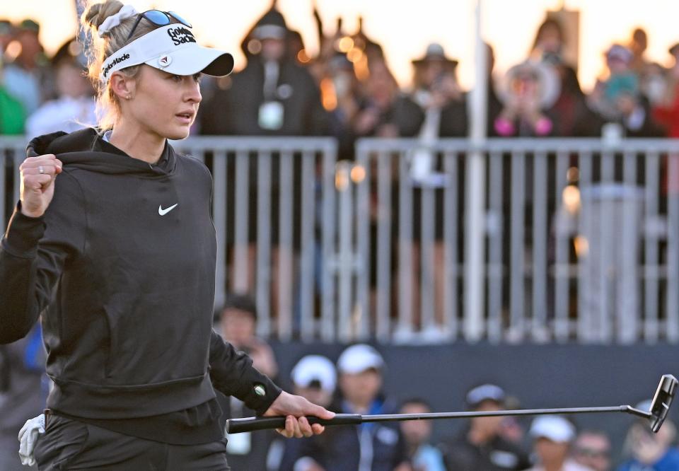 Bradenton's Nelly Korda reacts after sinking winning the putt and defeats Lydia Ko, off camera, in a sudden-death playoff to capture LPGA Drive On Championship at Bradenton's Country Club on Sunday, Jan. 28, 2024.