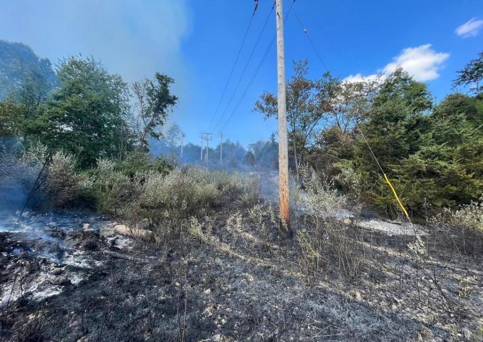 Ninety-two emergency services personnel, mostly firefighters, responded from three states Wednesday to a brush fire along Millstone Road southeast of Hancock, Washington County Emergency Services Director R. David Hays said.