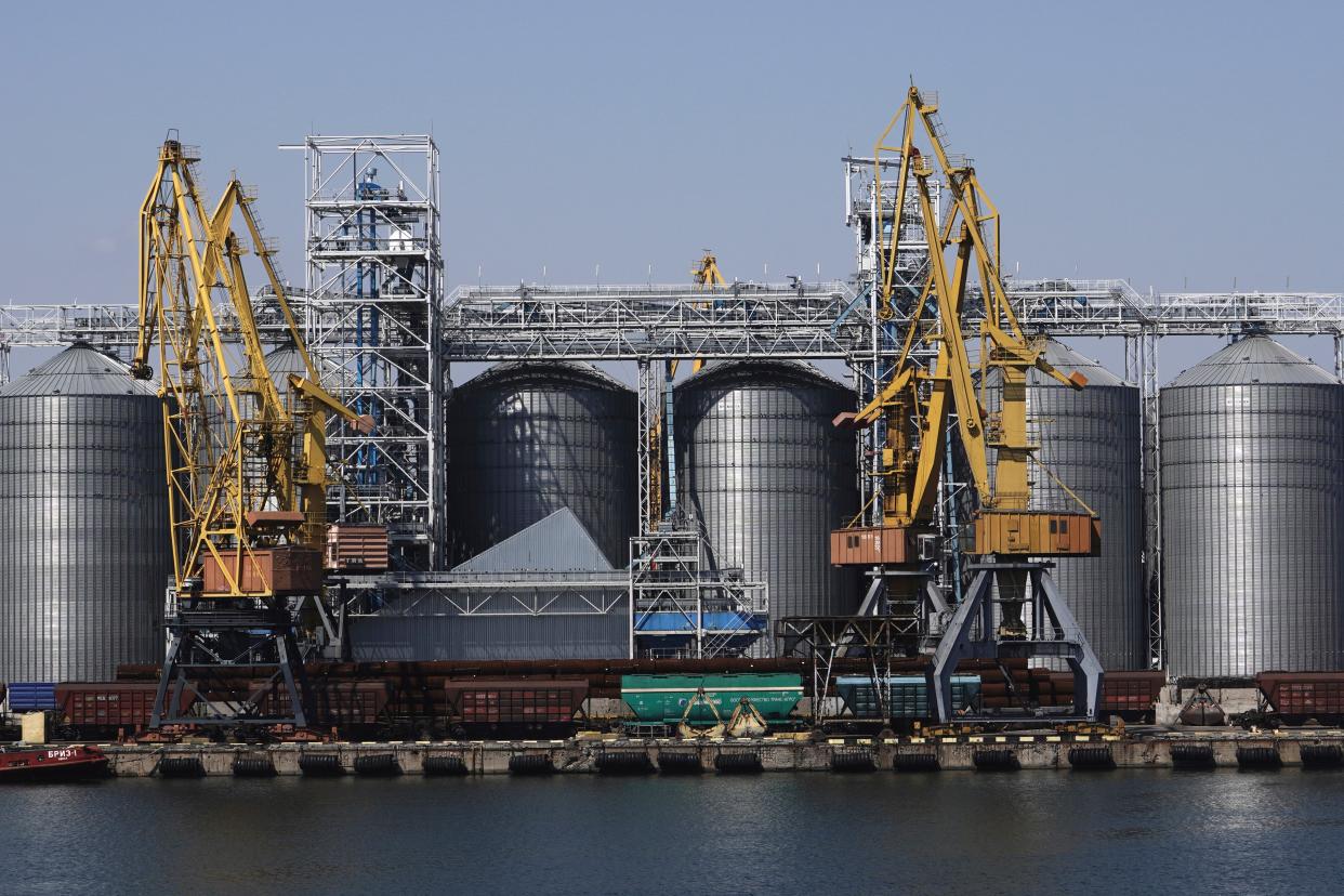 Exterior view of the grain storage terminal during visit of United Nations Secretary General Antonio Guterres at the Odesa Sea Port, in Odesa, Ukraine (AP)