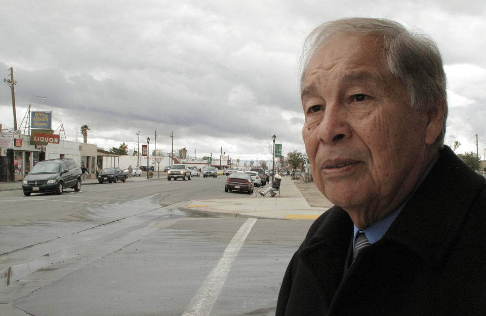 In this Thursday Jan. 30, 2014 photo, Mendota, Calif. Mayor Robert Silva, 72, explains how the state’s drought is sure to drive up unemployment in his rural farming town during an interview in Mendota. Five years ago, the last dry year and height of the national recession, farm workers lined up for free food as unemployment exceeding 40 percent in Mendota. Silva fears that this year the food lines will be even longer. (AP Photo/Scott Smith)