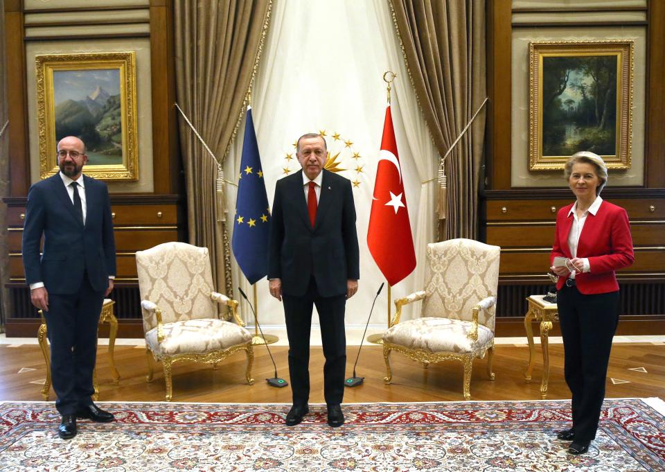 ANKARA, April 6, 2021 -- Turkish President Recep Tayyip Erdogan C meets with European Council President Charles Michel L and European Commission President Ursula von der Leyen in Ankara, Turkey, on April 6, 2021. Top officials of the European Union on Tuesday expressed readiness to work on concrete agenda with Turkey to push forward economy and migration cooperation between the two sides. (Photo by Mustafa Kaya/Xinhua via Getty) (Xinhua/Mustafa Kaya via Getty Images)