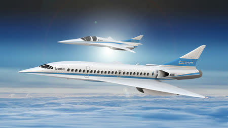 An artist's impression shows Boom's 55-seat supersonic aircraft (below) and Boom's XB-1 supersonic demonstrator in this undated handout obtained by Reuters December 4, 2017. REUTERS/Boom Supersonic Handout via REUTERS