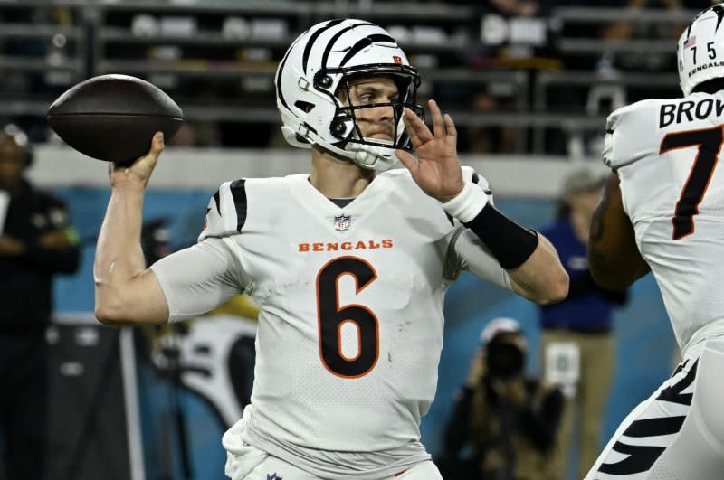 Cincinnati Bengals quarterback Jake Browning throws a pass against the Jacksonville Jaguars on Monday at EverBank Stadium in Jacksonville, Fla. Photo by Joe Marino/UPI