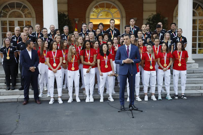 FIFA Women's World Cup Australia and New Zealand 2023 - Spain's Prime Minister Pedro Sanchez receive the World Cup champions