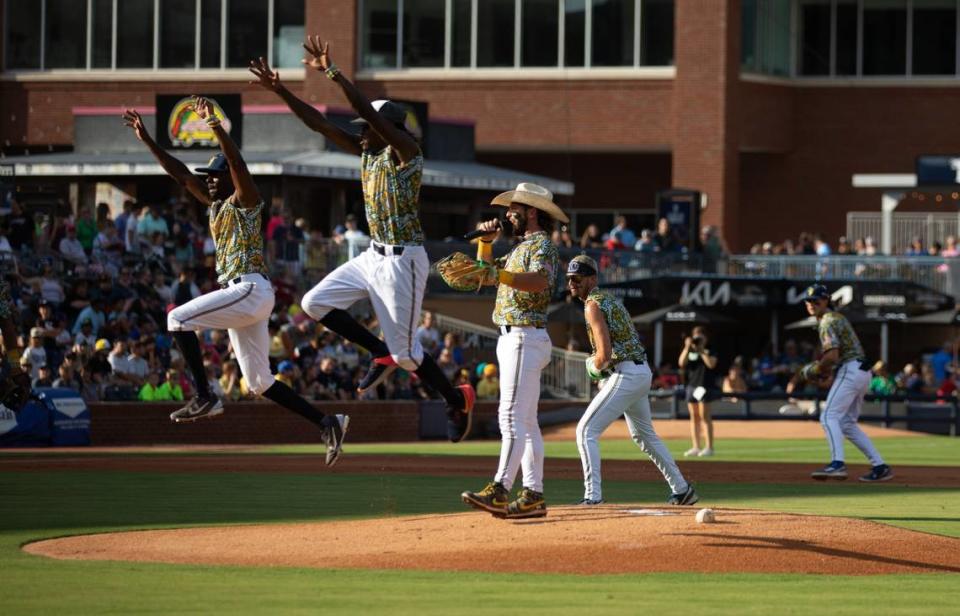 The Savannah Bananas perform their pre-game show at Durham Bulls Athletic Park in Durham, N.C. on Friday, July 14, 2023.