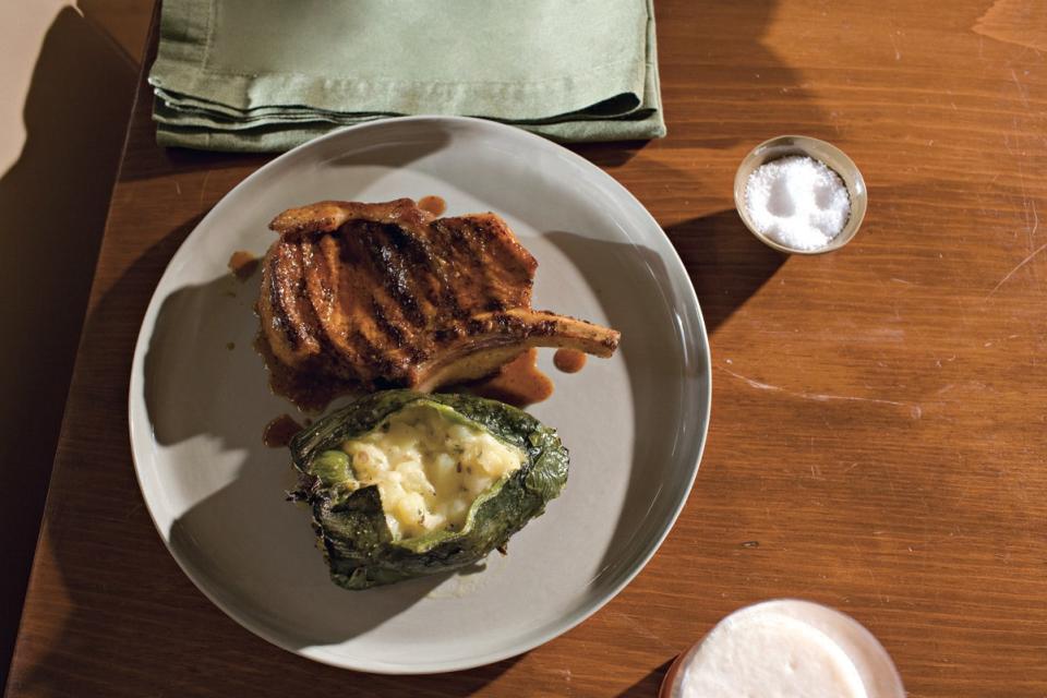 Pork Chops with Chiles Rellenos and Ancho Sauce