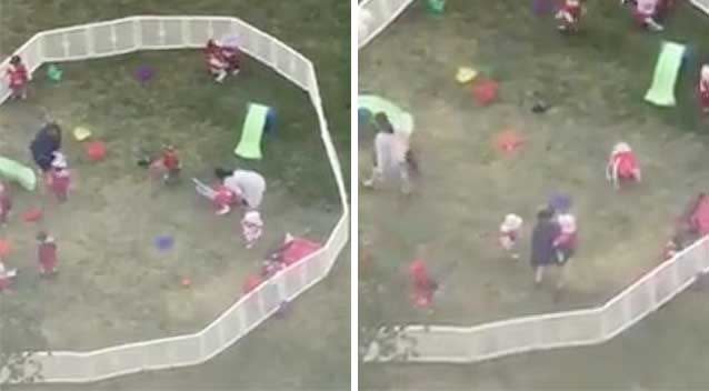 Brett Stenhouse's daughter, aged just two years old, can be seen on the right hand side of the images being thrown to the ground. Photo: Facebook