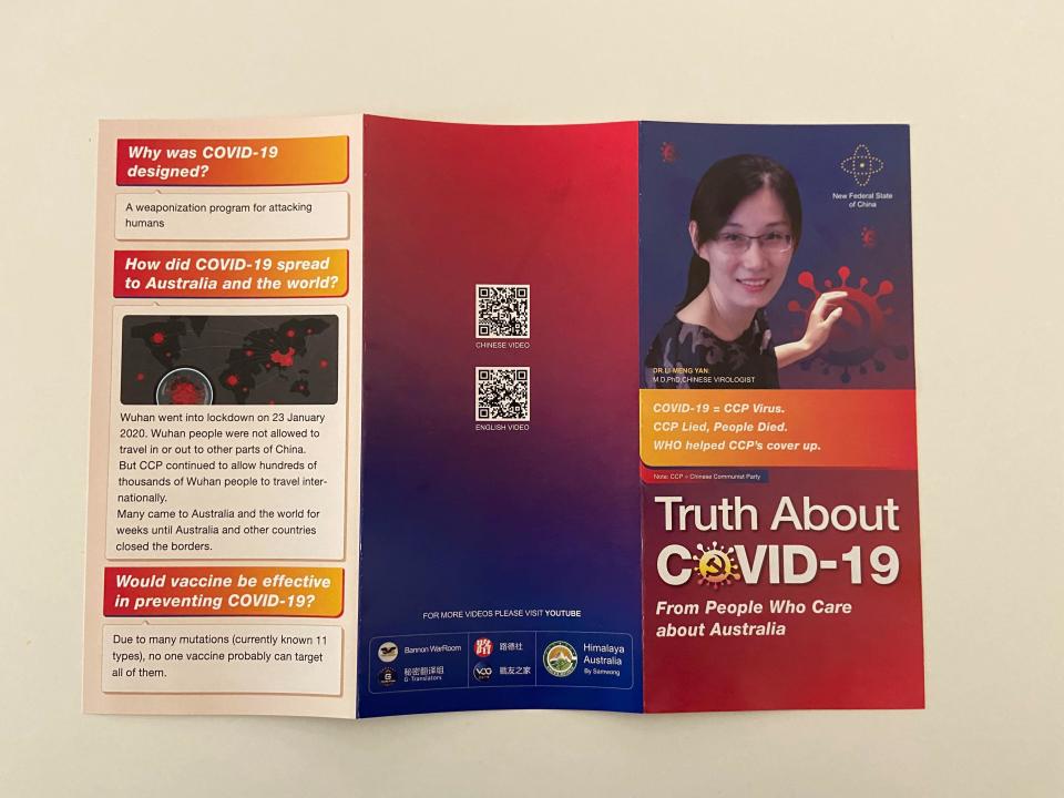 Photo shows booklet named the 'truth about Covid-19' that was distributed in Sydney.