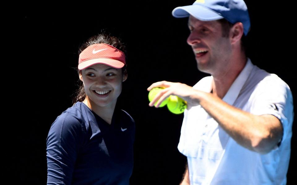 Raducanu practising in Melbourne this morning with new coach Torben Beltz - WILLIAM WEST/AFP via Getty Images