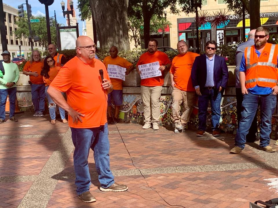 Lance Fout, business manager for local 435 of the International Association of Sheet Metal, Air, Rail & Transportation Workers, speaks during a rally organized outside Jacksonville City Hall on Monday June 17, 2023. Fout said the city should use registered apprenticeship programs for a share of the work on the proposed $1.4 billion renovation of EverBank Stadium.