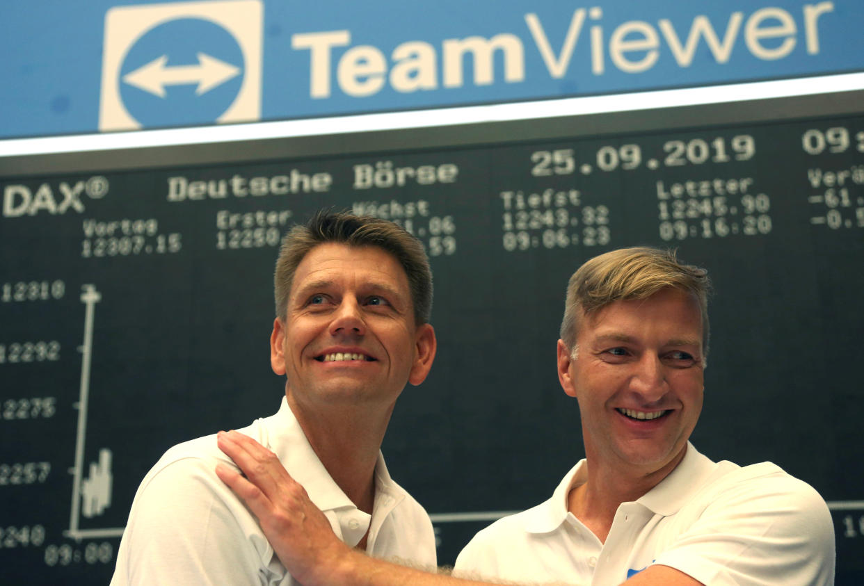 Oliver Steil, Chief Executive Officer of software company TeamViewer AG and Stefan Gaiser, Chief Financial Officer of TeamViewer attend TeamViewer's initial public offering (IPO) at the Frankfurt Stock Exchange in Frankfurt, Germany, September 25, 2019. REUTERS/Ralph Orlowski