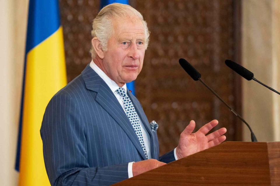 <p>MIHAI BARBU/AFP via Getty</p> King Charles at a press conference in Bucharest, Romania on June 2
