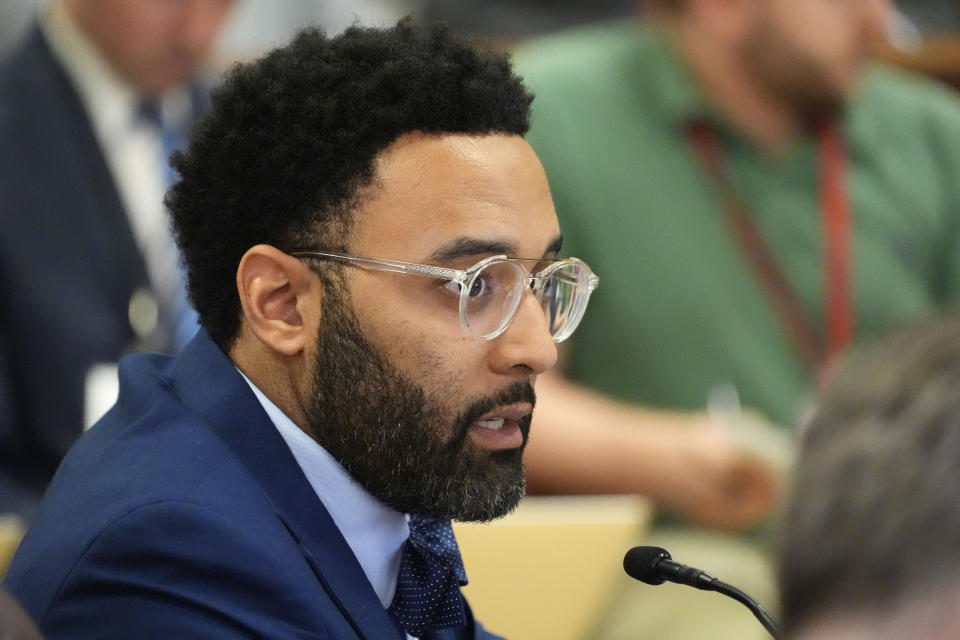 Mississippi State Senate Medicaid Committee member Rod Hickman, D-Macon, asks a question about a proposed Medicaid expansion bill during the committee's meeting, at the state Capitol in Jackson, Miss., Wednesday, March 27, 2024. (AP Photo/Rogelio V. Solis)