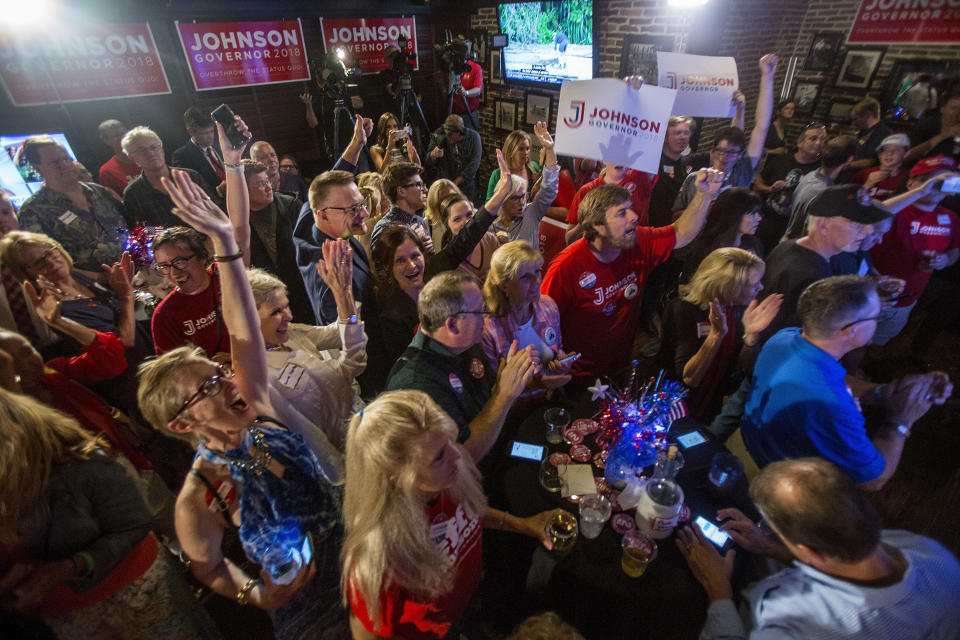 Supporters of Minnesota gubernatorial candidate Jeff Johnson cheer as they watch the returns on television, Tuesday, Aug. 14, 2018, in Plymouth, Minn. (Alex Kormann/Star Tribune via AP)