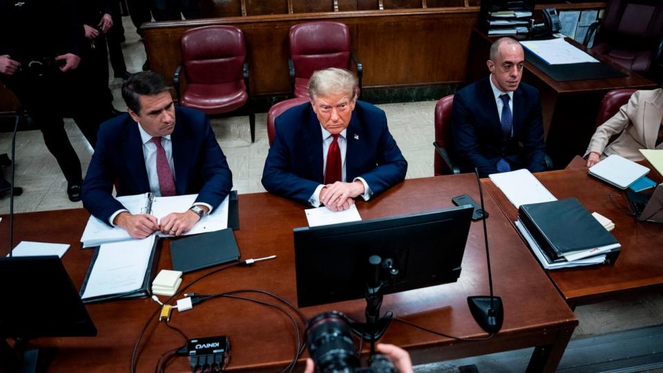 PHOTO: Former President Donald Trump appears with his legal team Todd Blanche, and Emil Bove ahead of the start of jury selection at Manhattan Criminal Court, Apr. 15, 2024, in New York City.  (Jabin Botsford-Pool/Getty Images)