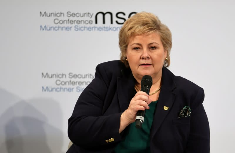 FILE PHOTO: Norway's Prime Minister Erna Solberg attends a panel during the annual Munich Security Conference in Munich, Germany