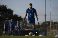 The soccer player of Israel Amputee Football Team, Ben Binyamin controls the ball during a practice session in Ramat Gan, Thursday, April 11, 2024. Ben Binyamin was celebrating his 29th birthday at the Tribe of Nova music festival on Oct. 7 when Hamas militants stormed into southern Israel and opened fire on thousands of Israelis dancing to electronic music. Binyamin raced into an air raid shelter, but attackers fired shots and then threw in grenades. He was seriously wounded; his right leg was blown off. He was left for dead. (AP Photo/Leo Correa)