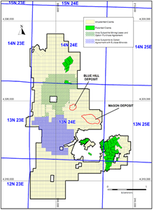 Through a combination of patented and unpatented mineral claims on public and private land, the Mason project has a total area of approximately 13,820 hectares, including the land acquired through the Mason Valley acquisition in 2019.