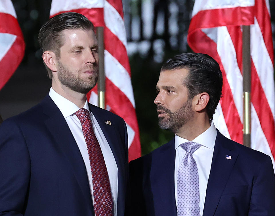 Donald Trump Jr. (R) and Eric Trump have taken to social media to support their father's conspiracy theories about the election being stolen from him. Source: Getty