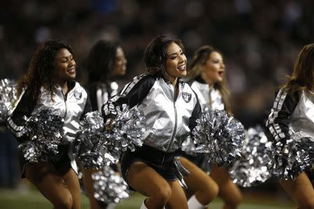 Oct 19, 2017; Oakland, CA, USA; Cheerleaders from the Oakland Raiderettes perform during a timeout against the Kansas City Chiefs in the fourth quarter at Oakland Coliseum. The Raiders defeated the Chiefs 31-30. Mandatory Credit: Cary Edmondson-USA TODAY Sports