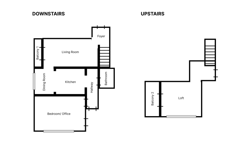 Floor plan of two story, one bedroom home.
