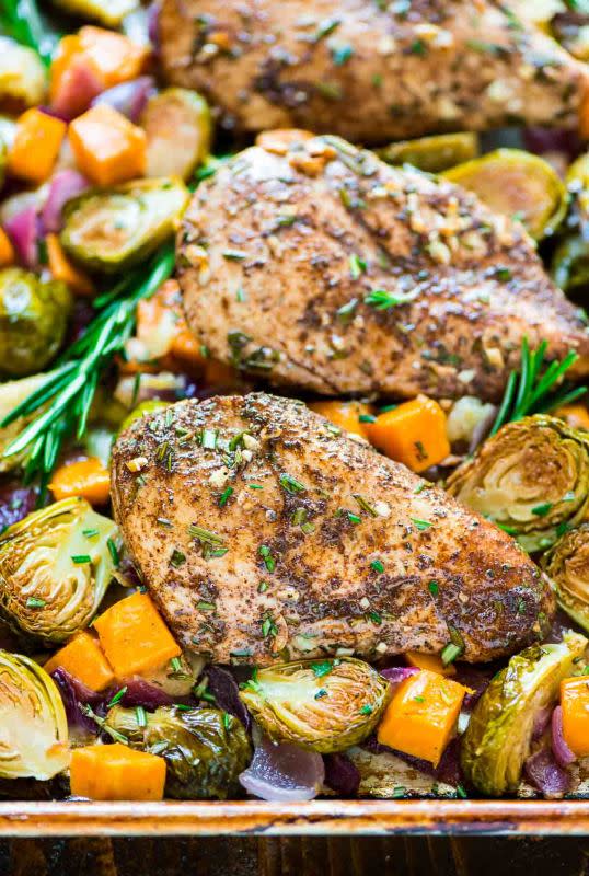 <p>Well Plated</p><p>One-pan paleo harvest chicken dinner with apples, sweet potatoes and brussels sprouts. An easy and healthy sheet-pan recipe that’s perfect for busy weeknights.</p><p><strong>Get the recipe: </strong><a href="https://www.wellplated.com/sheet-pan-chicken-sweet-potatoes-apples-brussels-sprouts/" rel="nofollow noopener" target="_blank" data-ylk="slk:One-Pan Chicken with Sweet Potatoes Apples and Brussels Sprouts;elm:context_link;itc:0;sec:content-canvas" class="link "><strong>One-Pan Chicken with Sweet Potatoes Apples and Brussels Sprouts</strong></a></p>