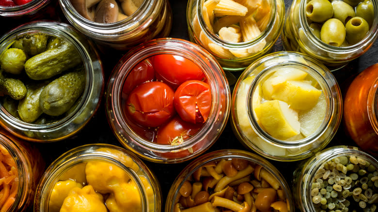 Top-down view of assorted pickled vegetables