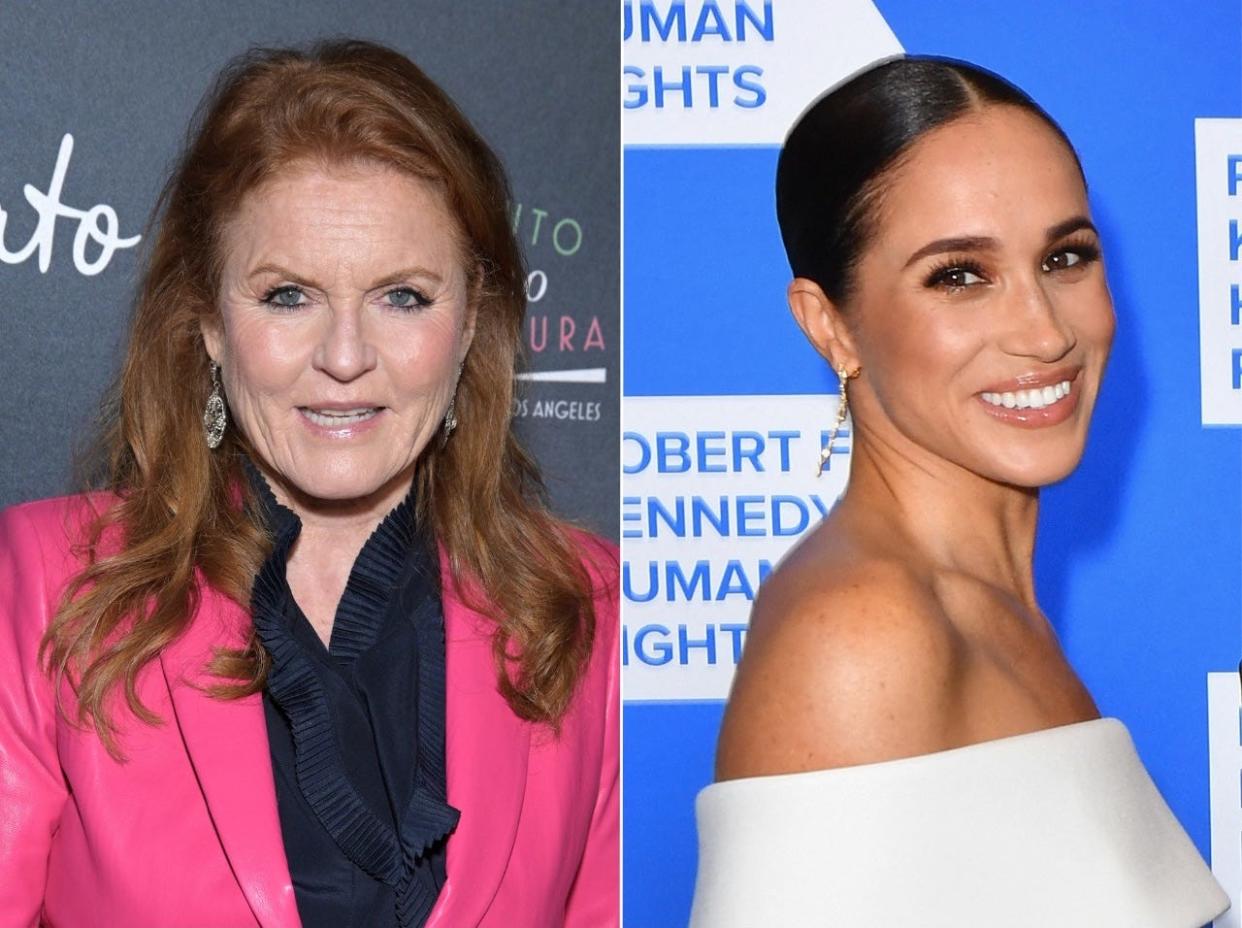 Sarah Ferguson in Los Angeles, California on March 3, 2023 (L) and Meghan Markle in New York City on on December 6, 2022 (R).