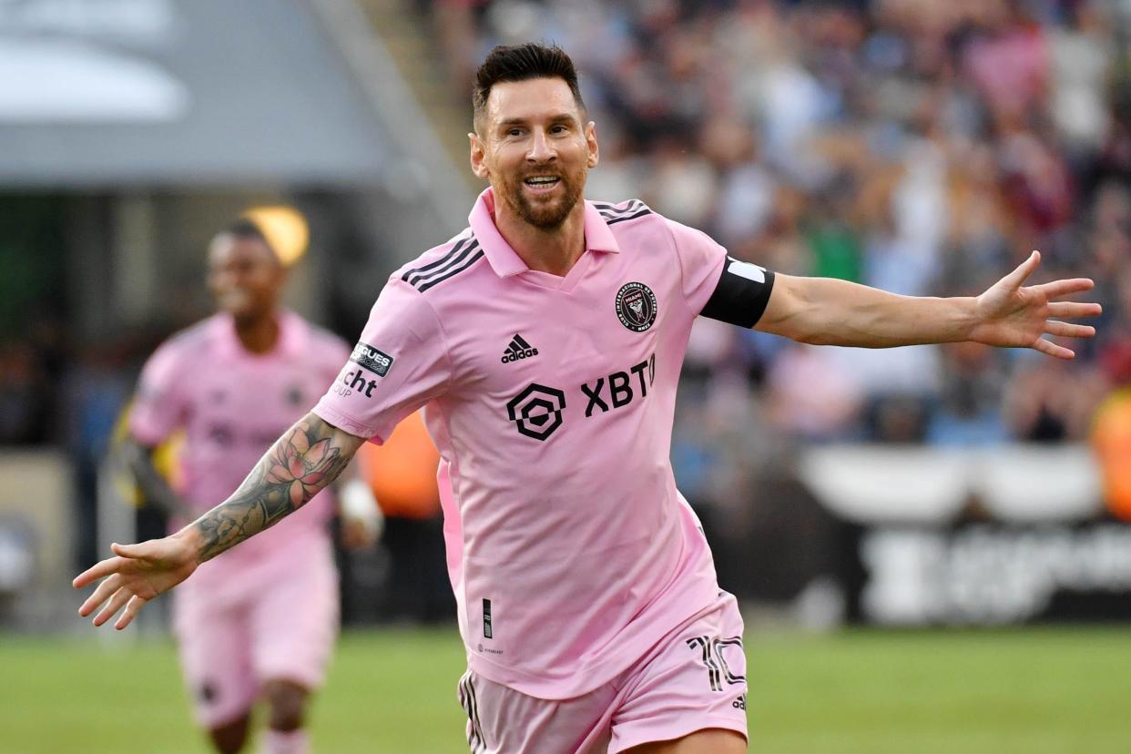 Aug 15, 2023; Chester, PA, USA; Inter Miami CF forward Lionel Messi (10) celebrates after scoring a goal against the Philadelphia Union during the first half at Subaru Park. Mandatory Credit: Eric Hartline-USA TODAY Sports