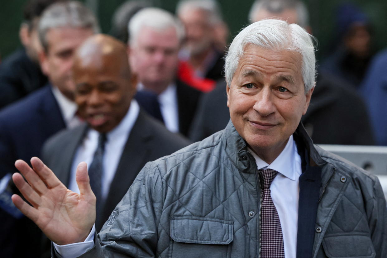 Jamie Dimon, chairman and CEO of JPMorgan Chase, speaks during the ceremony for placement of the final beam for JPMorgan Chase's new global headquarters building at 270 Park Avenue in New York City, U.S., November 20, 2023.  REUTERS/Brendan McDermid