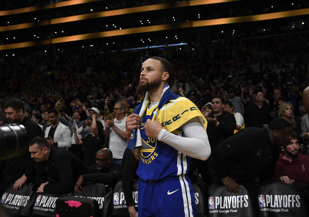 Golden State Warriors guard Stephen Curry reacts after losing to the Los Angeles Lakers during the Western Conference semifinal series at Crypto.com Arena in Los Angeles on May 12, 2023. (Kevork Djansezian/Getty Images)
