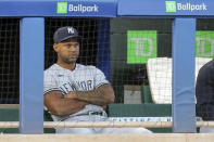 New York Yankees' Aaron Hicks watches the second inning of a baseball game against the Toronto Blue Jays, Monday, April 12, 2021, in Dunedin, Fla. Hicks asked to be removed from the lineup in response to a police shooting in Minneapolis. (AP Photo/Mike Carlson)