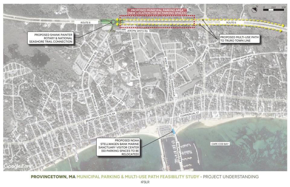 This image from a feasibility study shows a possible multi-use path and municipal parking area along Route 6 in Provincetown.