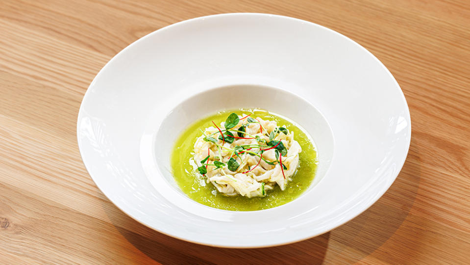 Scungilli with local conch, green apple, and acqua pazza verde