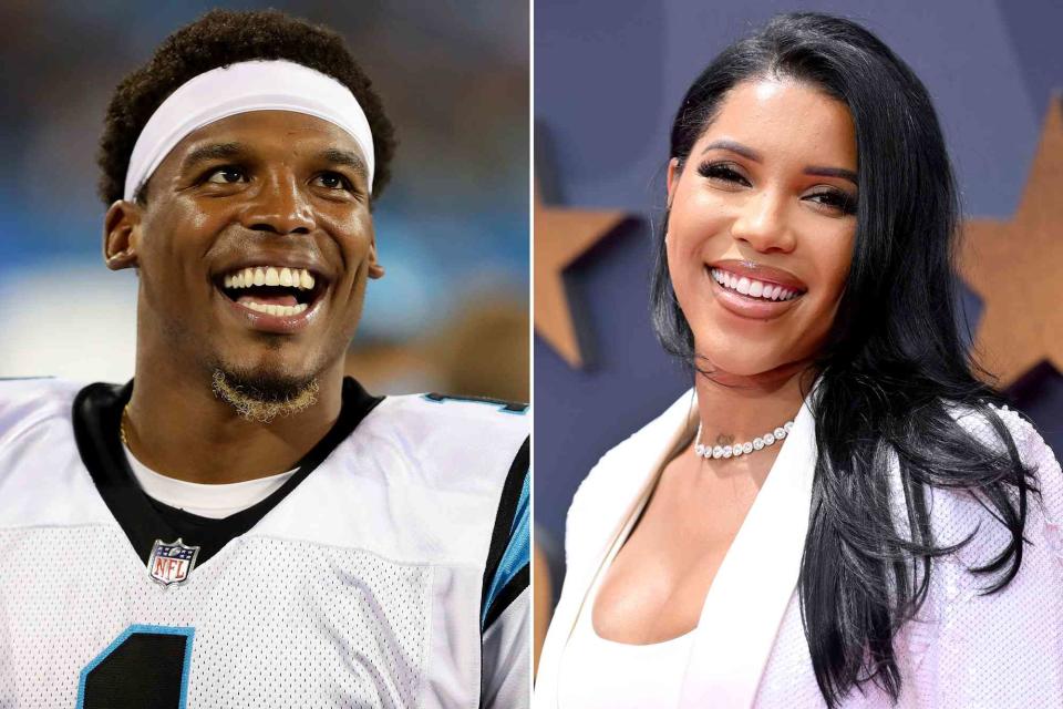 <p>Streeter Lecka/Getty ; Paras Griffin/Getty</p> Left: Cam Newton watches on against the Pittsburgh Steelers during their game at Bank of America Stadium on August 31, 2017. Right: Jasmin "WatchJazzy" Brown attends the BET Awards 2023 on June 25, 2023. 