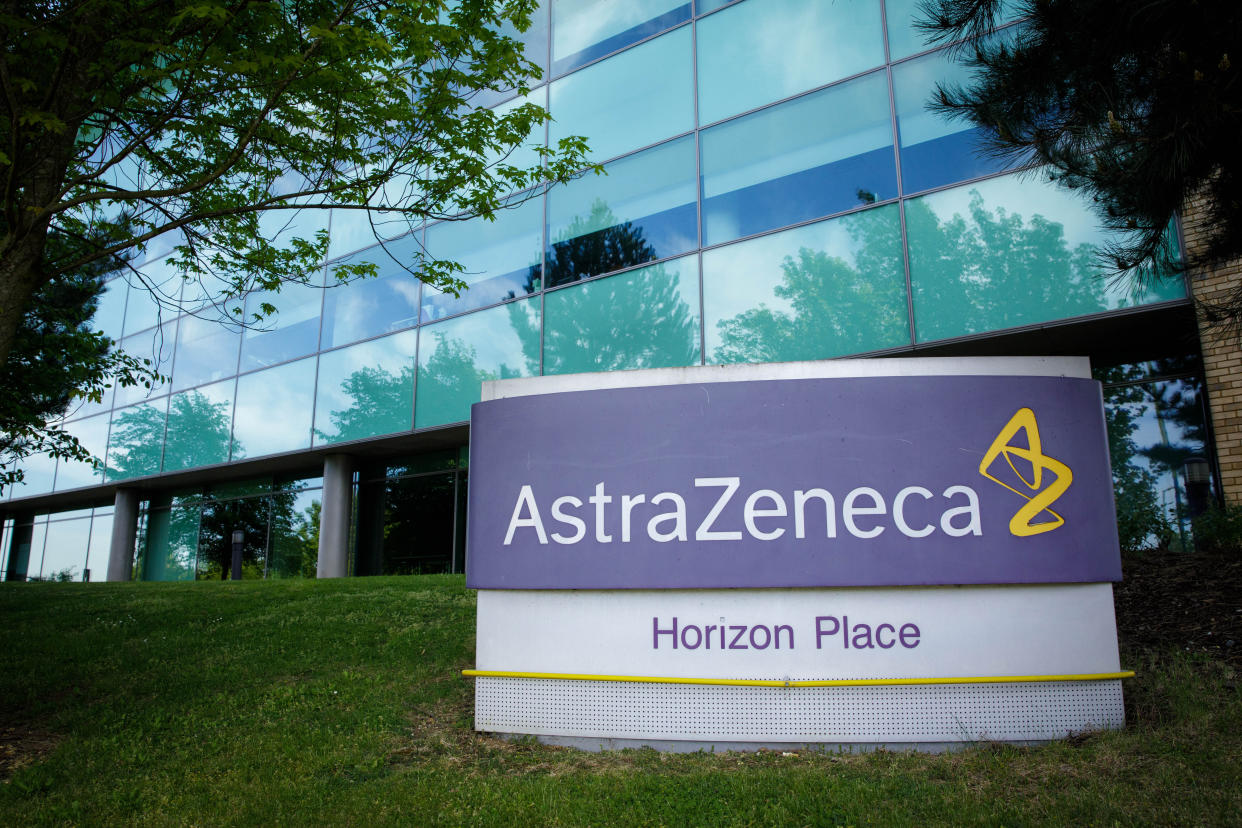 LUTON, May 18, 2020  -- Photo taken on May 18, 2020 shows a logo in front of AstraZeneca's building in Luton, Britain. The Oxford University has confirmed a global licensing agreement with AstraZeneca, which will make 30 million vaccine doses available to Britain by September if the trials are successful, as part of an agreement for 100 million doses in total, said British Secretary of State for Business, Energy and Industrial Strategy Alok Sharma. (Photo by Tim Ireland/Xinhua via Getty) (Xinhua/ via Getty Images)