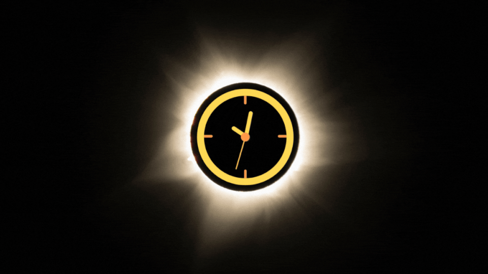 A graphic illustration showing an image of a total solar eclipse with a moving clock face on the inside.