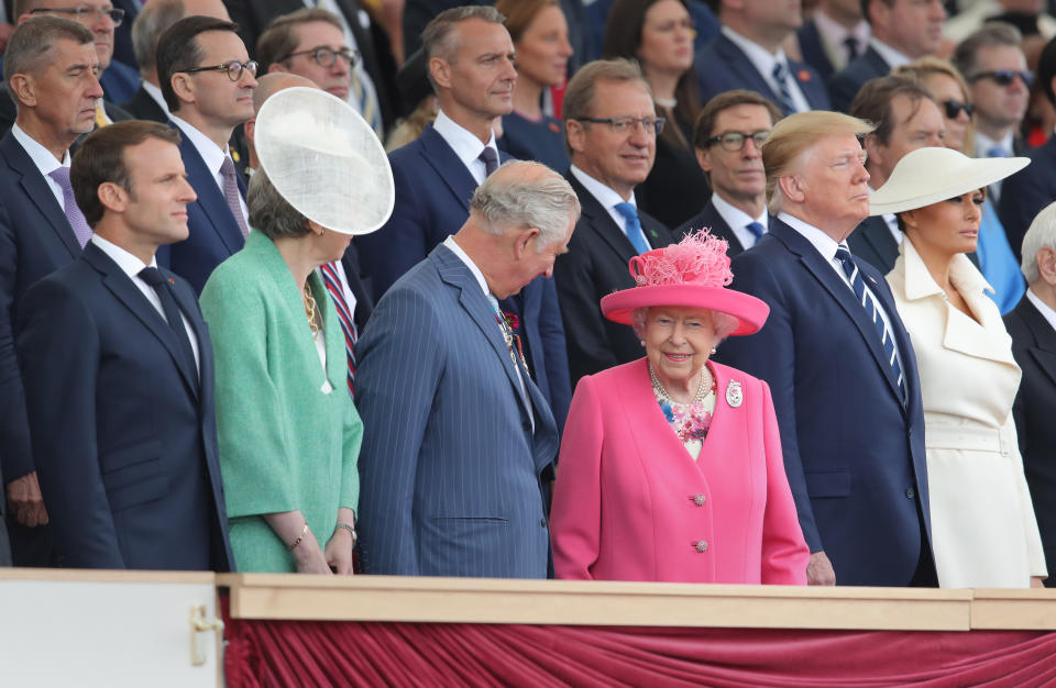 (left to right) French President Emmanuel Macron, Prime Minister Theresa May, the Prince of Wales, Queen Elizabeth II, US President Donald Trump and Melania Trump during the commemorations for the 75th Anniversary of the D-Day landings at Southsea Common in Portsmouth.