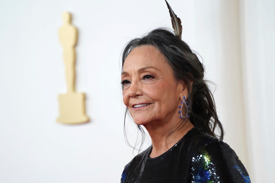 Tantoo Cardinal arrives at the Oscars on Sunday, March 10, 2024, at the Dolby Theatre in Los Angeles. (Photo by Jordan Strauss/Invision/AP)