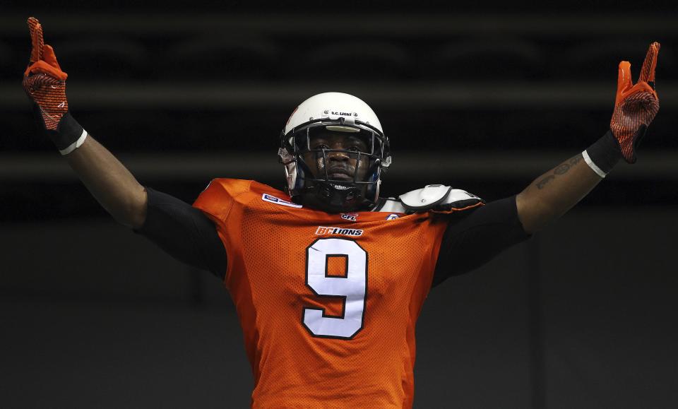 Former B.C Lions WR Ernest Jackson (9) scored this TD against Ottawa last October; now, he's one of the Redblacks' new free-agent signings.(Ben Nelms/Reuters.)