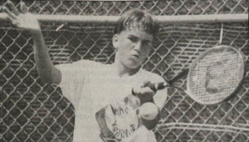 Todd Meester of Watertown hits the ball during the second-flight singles championship in the 1993 state high school boys tennis tournament at Sioux Falls. Meester won match and the Arrows won the second of three-straight state titles.