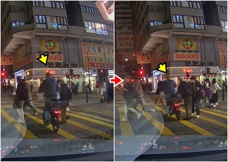 外賣車手(黃箭嘴示)騎着電動單車衝紅燈，期間撞到正在過馬路的長者。
