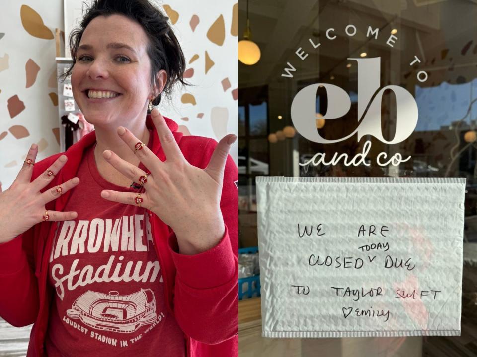 Emily Bordner (left) and the sign she left on the EB and Co. door.